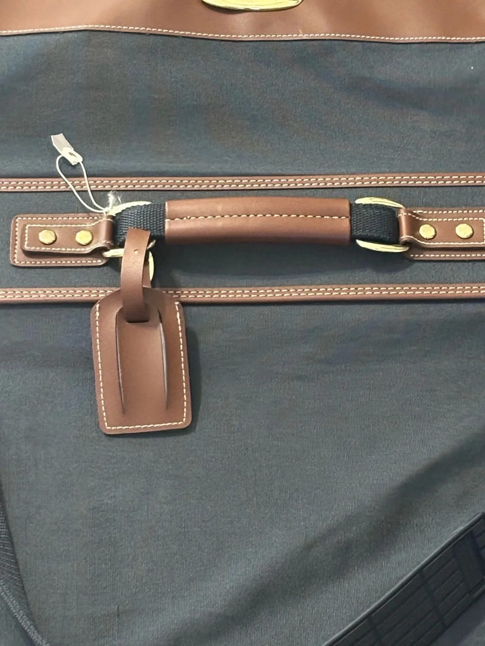 Express Navy Garment Bag with Brown Trim and Hanging Hook